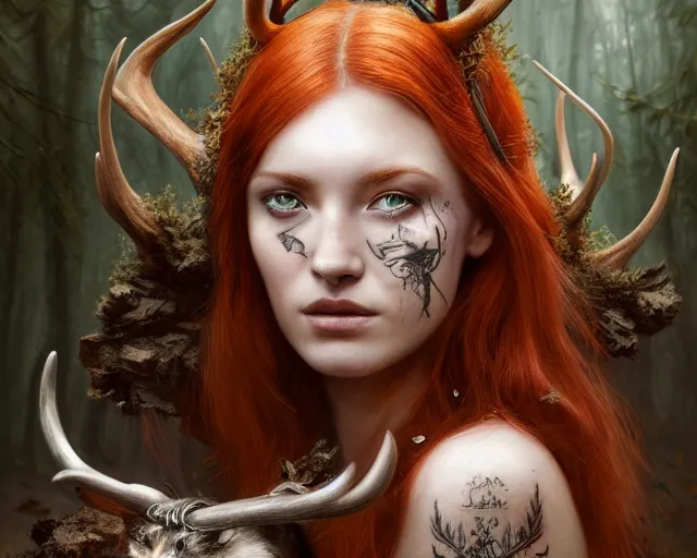 Prompt: 5 5 mm portrait photo of an armored gorgeous aesthetic redhead woman warrior with a face tattoo and antlers growing from her head and cat on her shoulder, in a magical forest in the style of luis royo. art by greg rutkowski. highly detailed 8 k. intricate. lifelike. soft light. nikon d 8 5 0.