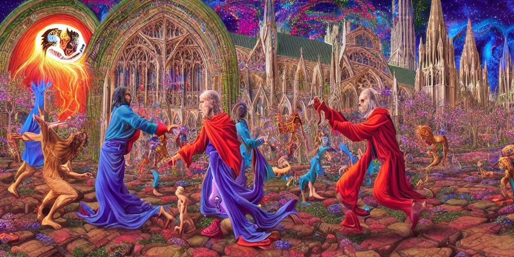 Image similar to hyper detailed portrait of a dmt spirit guide greeting a lost psychonaught, friendly dmt time elves, cathedral background, masterpiece composition, 8 k resolution, ultra fine illustration, tokio aoyama, alex grey, todd schorr, highly detailed,