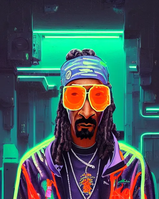 Image similar to detailed full body portrait of snoop dogg, cyberpunk futuristic neon, orange reflective puffy coat, decorated with traditional Japanese ornaments by Ismail inceoglu dragan bibin hans thoma greg rutkowski Alexandros Pyromallis Nekro Rene Maritte Illustrated, Perfect face, fine details, realistic shaded, fine-face, pretty face