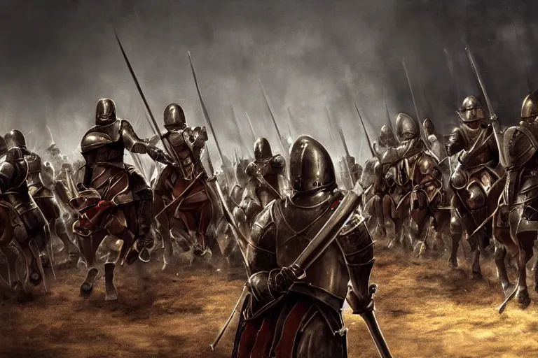 Image similar to realistic, medieval knights, soldiers, in line, pikes, hellbards, banner, flag, picture from behind, epic, digital art, illustration, fantasy, realistic sketch, dark, epic, realistic lighting