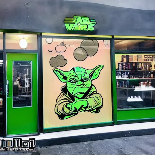 Prompt: yoda themed vape and bong shop exterior