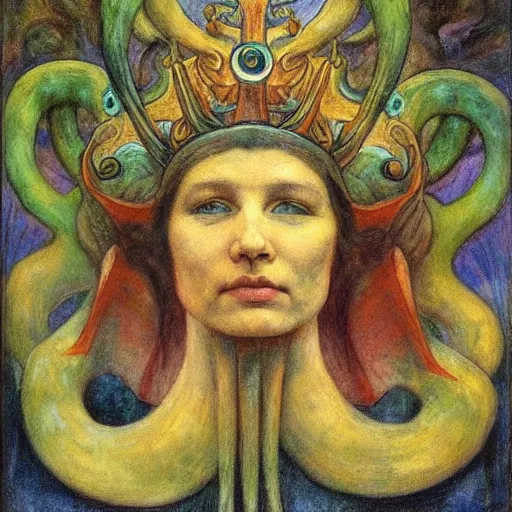 Image similar to the tentacle crown,by Annie Swynnerton and Diego Rivera, symbolist, dramatic lighting, elaborate geometric ornament, Art Brut, bioluminescent, soft blues and greens,smooth, sharp focus, extremely detailed, Adolf Wölfli