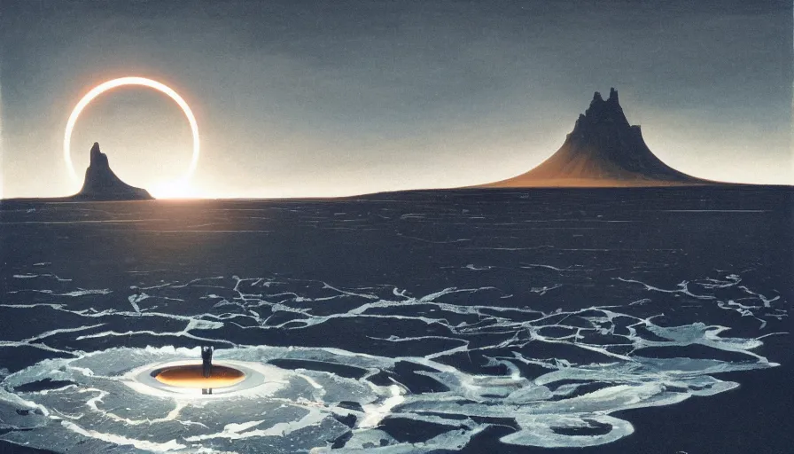 Image similar to solar eclipse in iceland, black sand, water, one tree, syd mead, bright, solarpunk, art station