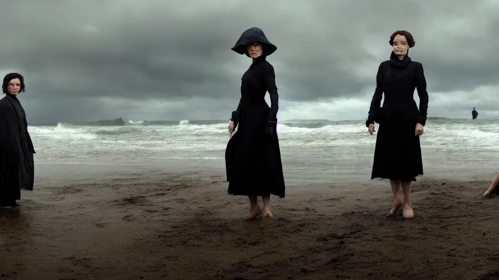 Prompt: photo of Helen McCrory coming out of the ocean, extreme detailed face, Peaky Blinders crew on the background, film still from the movie directed by Denis Villeneuve with art direction by Zdzisław Beksiński, wide lens