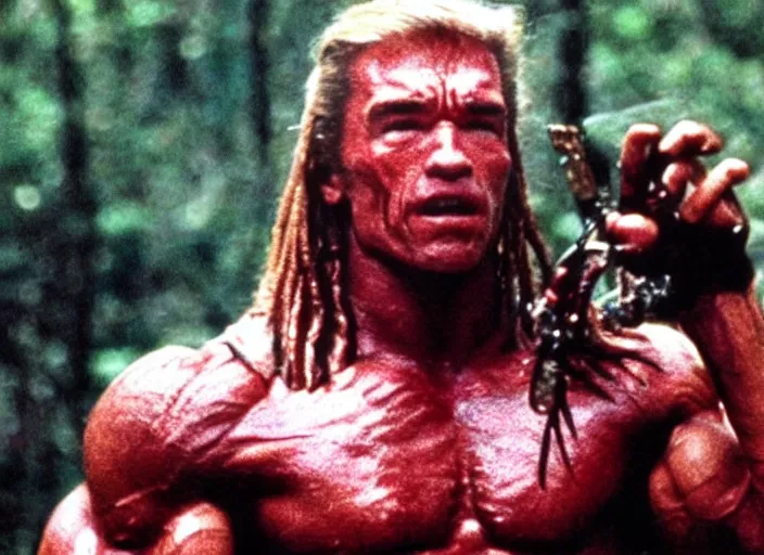 Image similar to polaroid movie still of arnold schwarzenegger in the movie predator fighting against zombie trump