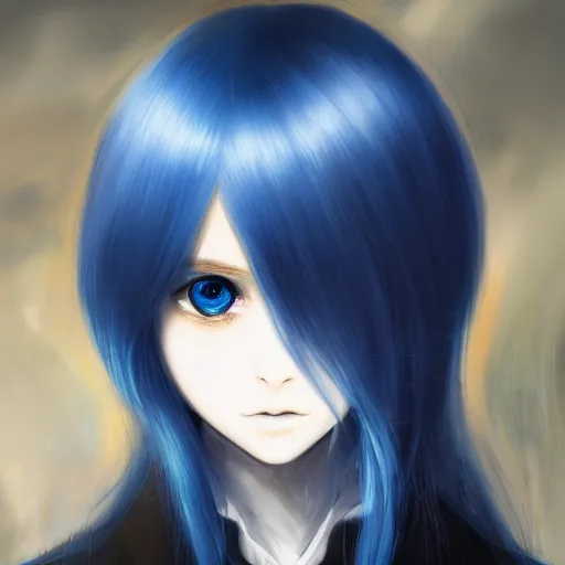 Prompt: full face shot of rimuru tempest, sky blue straight hair, long bangs, with amber eyes, wearing a fancy black jacket, high collar, ultra detailed, brush strokes, digital painting, cinematic, wlop artstation, closeup, pixiv, eerie, scary, intimidating glare, evil, yoshitaka amano, junji ito,