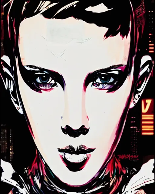 Image similar to portrait of cyberpunk millie bobby brown by yoji shinkawa