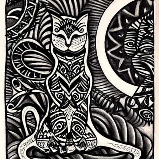 Image similar to tattoo sketch in polynesian style cat hugging the sun