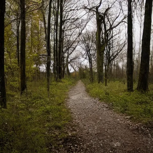 Prompt: path leading to an entrance with a gate to a forest with an abandoned wooden house