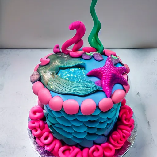 Prompt: mermaid themed birthday cake, food photography, made of meat,