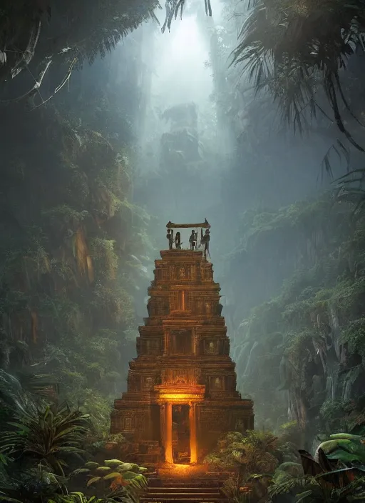 Image similar to ancient temple of doom in the exotic jungle , Dynamic lighting, cinematic, establishing shot, extremely high detail, photo realistic, cinematic lighting, , post processed denoised, concept design, concept art, artstation, matte painting, midjourney, style by alex ross, raphael lacoste, eddie mendoza