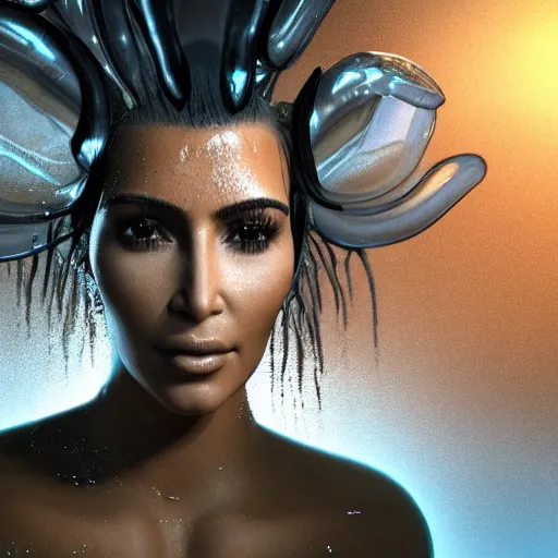 Image similar to epic still of a kim kardashian with trapped in a transparent alien liquid, wet flowing hair, gooey skin, illustration, unreal engine 5, 8 k, made by h. r. giger