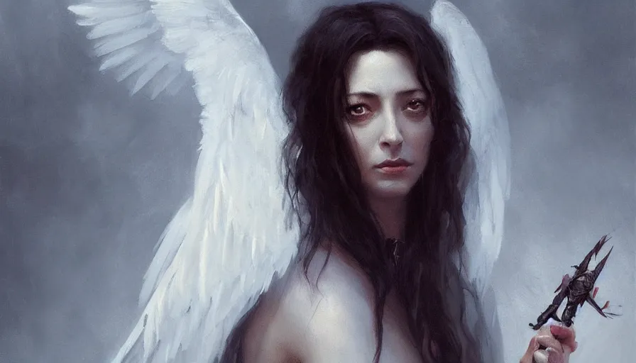 Prompt: A beautiful painting of Mia Sara as the angel of death by greg rutkowski and Kalin Popov , Trending on artstation HD.