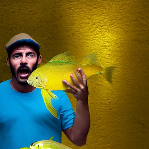 Prompt: A photo of a suprised man holding the world's mos yellow fish, realistic, ultra high detail, 8k.