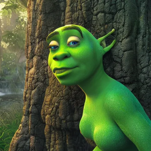 Prompt: Shrek wearing a bikini in his swamp, seductive, HD ultra realistic, trending on artstation