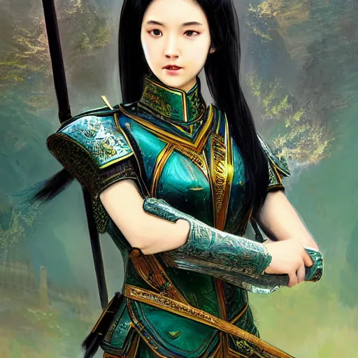 Image similar to portrait black hair young knights of Dynasty Warriors girl, metallic green armor, in ruin fire chinese palace sunrise, ssci-fi and fantasy, intricate and very beautiful and elegant, highly detailed, digital painting, soft light, artstation, concept art, smooth and sharp focus, illustration, art by tian zi and WLOP and alphonse mucha