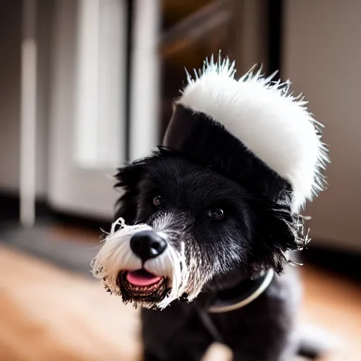Image similar to closeup photo of a smiling black coton-de-tulear dog with black fur, smoking a pipe and wearing and a fluffy hat, dramatic lighting