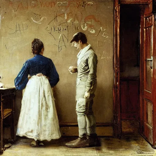 Image similar to a young man and a young woman solving an escape room puzzle, mysterious markings on the wall, by alfred stevens