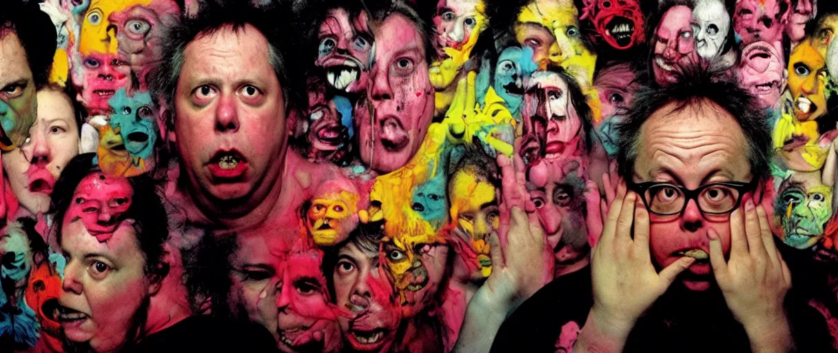 Image similar to award winning photo of todd solondz playing running scared, angry crowd, vivid colors, happy, symmetrical face, beautiful eyes, studio lighting, wide shot art by sally mann & arnold newman, francis bacon, ewa juszkiewicz, jenny saville, yayoi kusama, ai weiwei and gregory crewdson