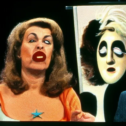 Prompt: 1983 crying woman on a tv talk show show with a long prosthetic snout nose, big nostrils, wearing a dress, 1983 French film color archival tv footage color Fellini Almodovar John Waters Russ Meyer movie still