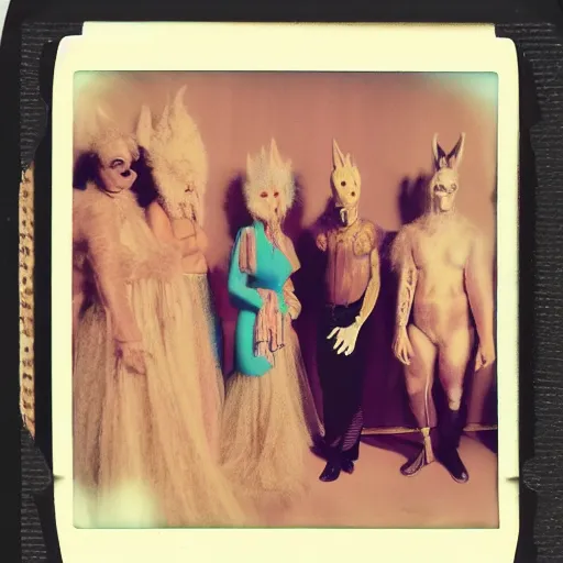 Prompt: expired polaroid of a surreal artsy dream scene, weird costumes