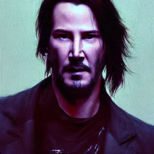 Prompt: cyberpunk, closeup portrait of a keanu reeves, dramatic light, city background, sunset, dystopian setting, high contrast, sharp, neuromancer, henry dorsett case, painted by stanley lau, painted by greg rutkowski, painted by stanley artgerm, digital art, trending on artstation