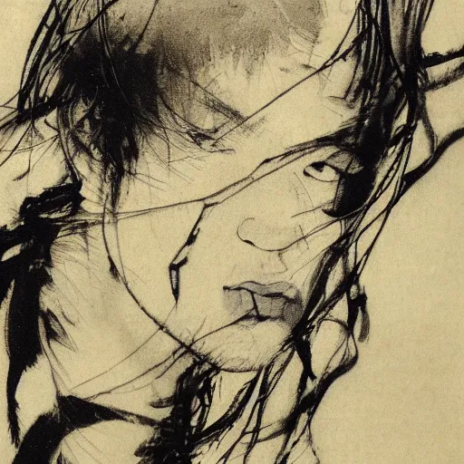 Image similar to Yoshitaka Amano blurred and dreamy illustration of a man with black short hair fluttering in the wind and cracks on his face, abstract black and white patterns on the background, noisy film grain effect, highly detailed, Renaissance oil painting, weird portrait angle