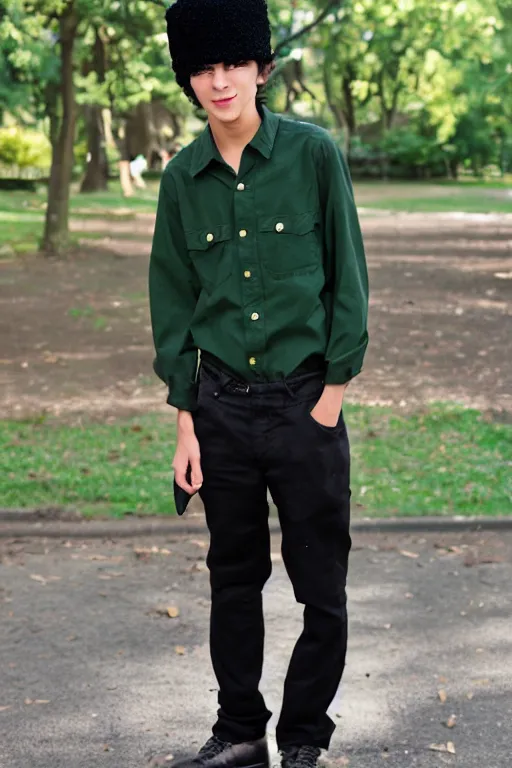 Prompt: slim teenage boy, there is black wool beret hat on his head and dark curly hair sticking out from under it, he wears a dark green buttoned up shirt and black trousers, he has a brown satchel over his shoulder , standing outside in a park, using a film camera to take photographs