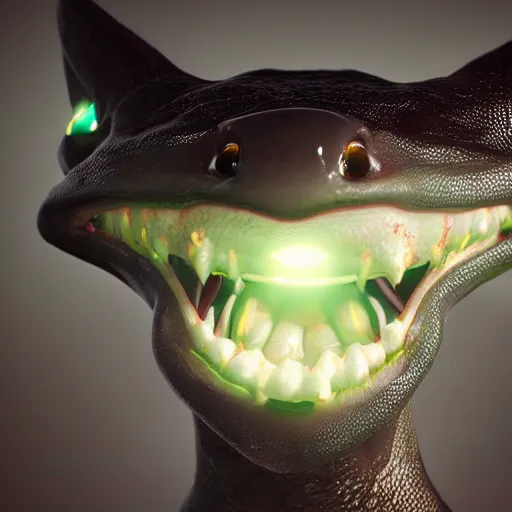 Image similar to realistic toothless, bioluminescent, detailed, studio shot, unreal engine 5, octane, high definition, smooth, artstation, behance