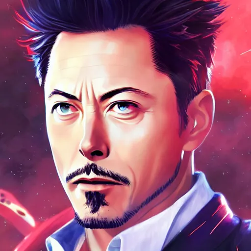 Image similar to anime portrait of elon musk as tony stark as an anime antagonist by Stanley Artgerm Lau, WLOP, Rossdraws, James Jean, Andrei Riabovitchev, Marc Simonetti, and Sakimichan, trending on artstation