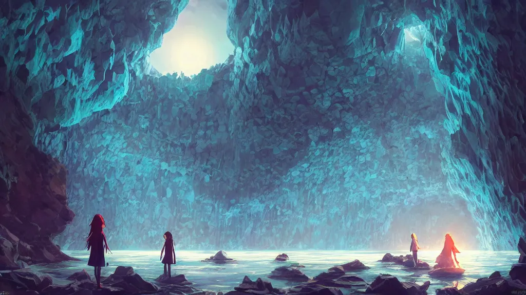 Image similar to inside a intricate crystal cave there was a lake, filled by the light of a beautiful silver moon, and over it was the sky, dynamic lighting, cinematic lighting, lit by moonlight, by krenz cushart and ilya kuvshinov and artgerm, unreal engine, featured on artstation, ultrawide angle, polarizer filter : 1 0