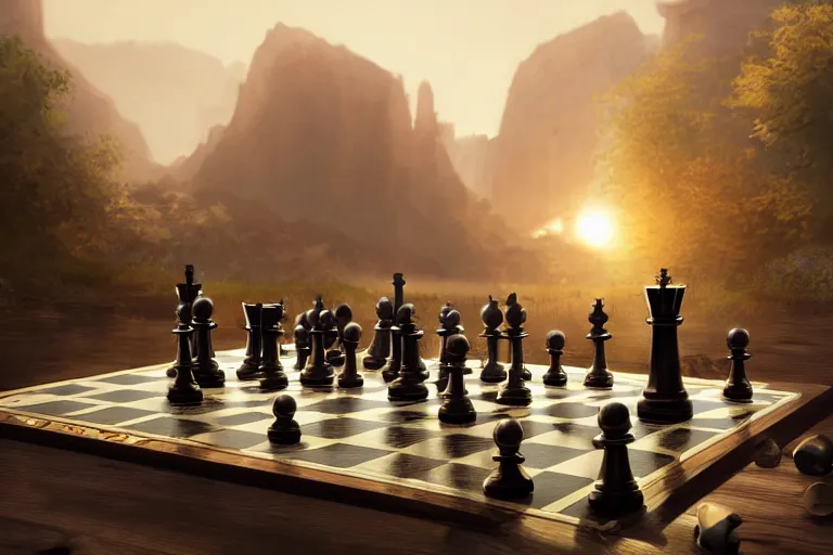 Prompt: a chess board where the pieces are lost souls, matte painting, long shot, concept art, wide shot, digital art, trending on artstation, 4 k, extremely detailed, realistic, midday, warm colors, golden sunlight, by greg rutkowski, cinematic, epic