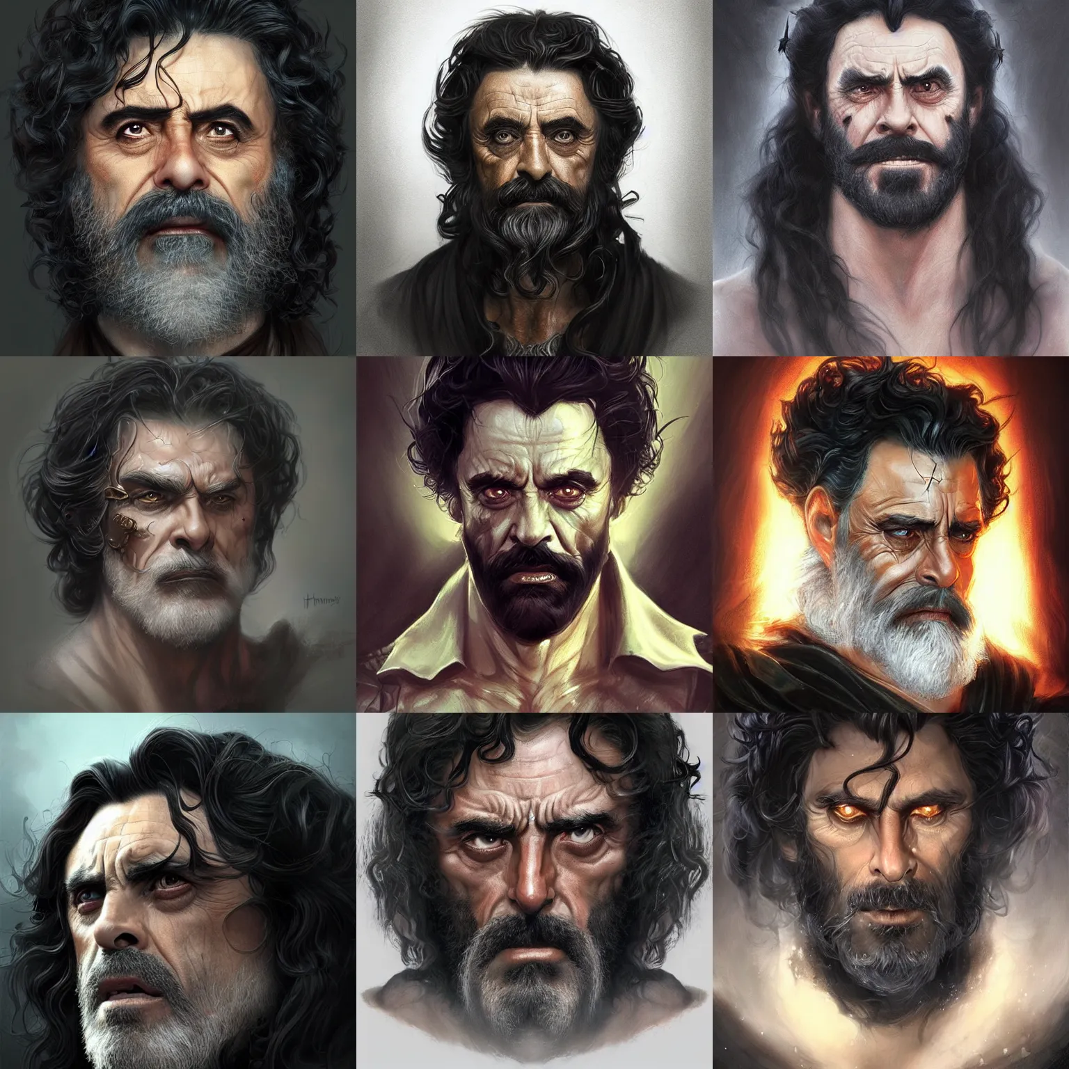 Prompt: hades, ian mcshane, long black hair, curly black beard, d & d, fantasy, portrait, highly detailed, digital painting, trending on artstation, concept art, sharp focus, illustration, art by artgerm and greg rutkowski and magali villeneuve