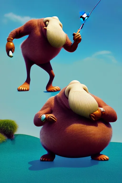 Image similar to pixar walrus playing golf | glamorous oily soft polished rich ornate modern | weta disney pixar movie still photo | hi - fructose, sci fi fantasy, smooth, octane render, sharp focus, artstation, concept art | artgerm, mucha, rutkowski, feng zhu, wlop, loish