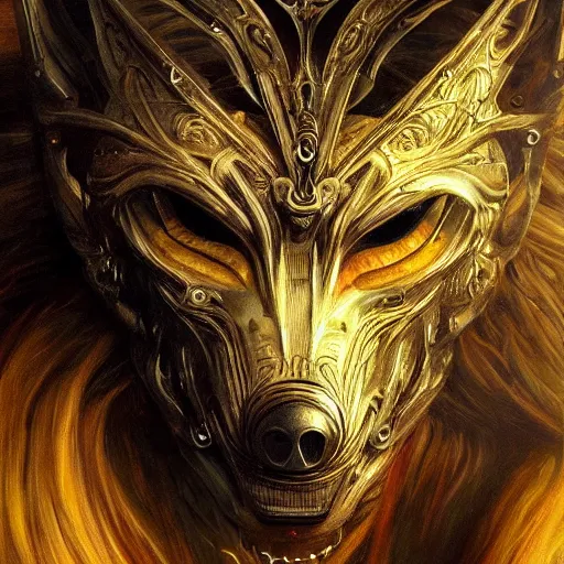 Image similar to Very very very very highly detailed epic photo of face with werewolf venetian mask, intricate, dystopian, sci-fi, extremely detailed, digital painting, artstation, concept art, smooth, sharp focus, illustration, intimidating lighting, incredible art by Vincent di Fate