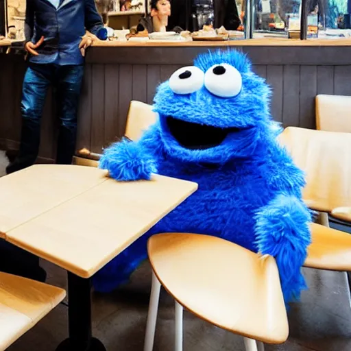 Prompt: Chinese Kevin O'leary talking with cookie monster, in a café