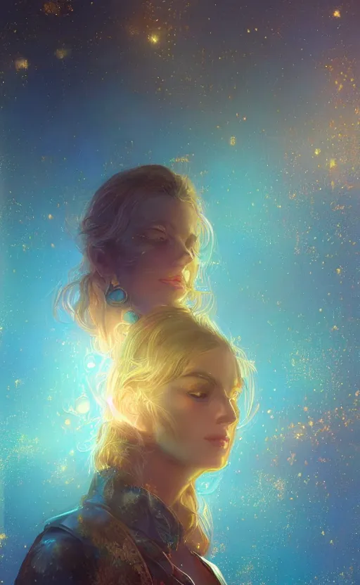 Image similar to beautiful uncertainty, sharp focus, intricate, elegant, digital painting, artstation, matte, highly detailed, concept art, illustration, volumetric lighting, gold and blue and pink color scheme, bokeh light, art by greg olsen and liz lemon swindle