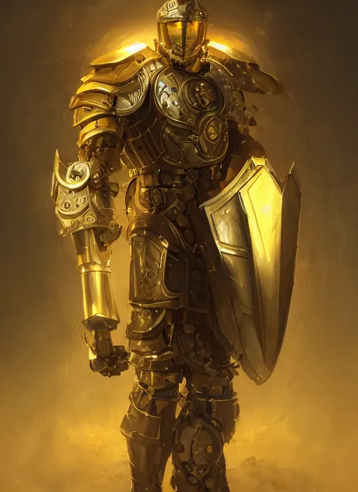 Prompt: dynamic portrait of a intricate glorious holy mechanical warforged character in yellow armor holding a paladin engraved great longsword drawn and carrying a big paladin shield, spotlight from face , epic , trending on ArtStation, masterpiece, cinematic lighting, by Greg Rutkowski and by Ross Tran