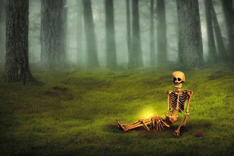 Image similar to a burning with fire human skeleton sitting behind computer, overgrown with moss, in foggy forest, at night with moon light, dark atmosphere, fantasy, digital art