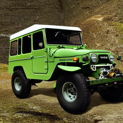 Image similar to closeup of a green Toyota Fj43 build in 1981, traveling through the mountains, black roof, with a roof rack, detailed, in the style of Leonardo da Vinci, 8K, octane render, 8K,