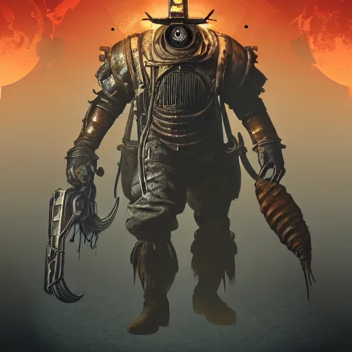 Prompt: an ultra detailed vector image of a big daddy from bioshock dressed as the hunter from bloodborne, concept art by alphonse mucha and greg rutkowski, scary shadows, blood moon eclipse, polaroid octane render, laminal space