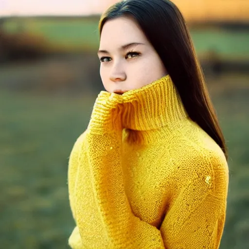 Image similar to a portrait photography of a woman wearing a yellow knitted turtleneck sweater that covers half her face. long hair. agfa vista 4 0 0 film. detailed. depth of field. cinematic. lens flare. grainy film. warm light.