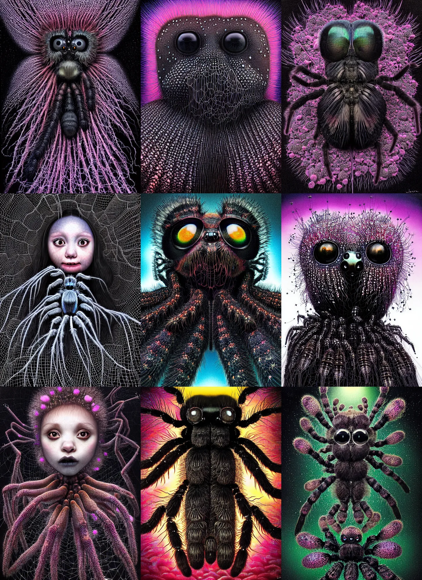 Prompt: hyper detailed 3d render like a dark Oil painting - kawaii portrait Aurora (a black haired tarantula headed princess from the future) seen Eating of the Strangling network of (charcoal and ben day dots) and milky Fruit and Her delicate pedipalps hold of gossamer polyp blossoms bring iridescent fungal flowers whose spores black the foolish stars by Jacek Yerka, Ilya Kuvshinov, Glenn Barr, Mariusz Lewandowski, Houdini algorithmic generative render, Abstract brush strokes, Masterpiece, Edward Hopper and James Gilleard, Zdzislaw Beksinski, Mark Ryden, Wolfgang Lettl, hints of Yayoi Kasuma, octane render, 8k