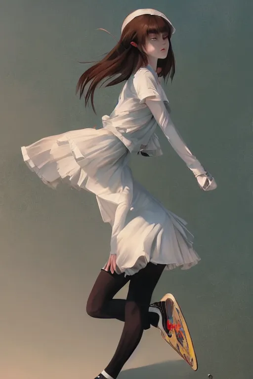 Prompt: A ultradetailed beautiful panting of a stylish woman in a maid outfit skateboarding, Oil painting, by Ilya Kuvshinov, Greg Rutkowski and Makoto Shinkai