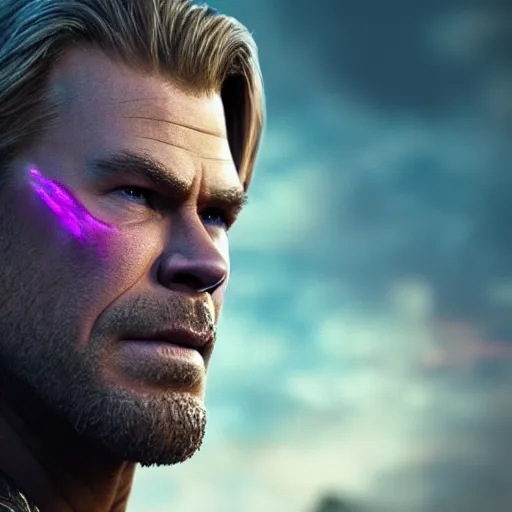 Prompt: Chris Hemsworth starring as Thanos, Chris Hemsworth in Thanos attire and makeup, trending on artstation, 4k, 8k