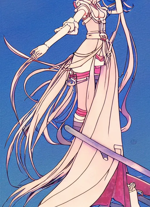 Image similar to cel - shaded anime character, full body design of beautiful fantasy warrior girl in the style of studio ghibli, moebius, ayami kojima, atelier lulua, clean linework