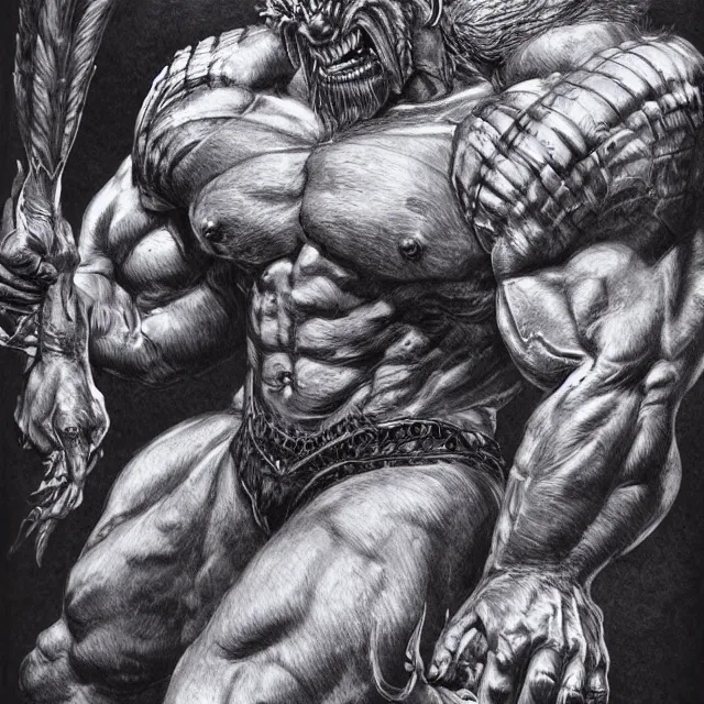 Image similar to detailed ballpoint pen illustration of a muscular gargoyle demon man, concept art, artstation