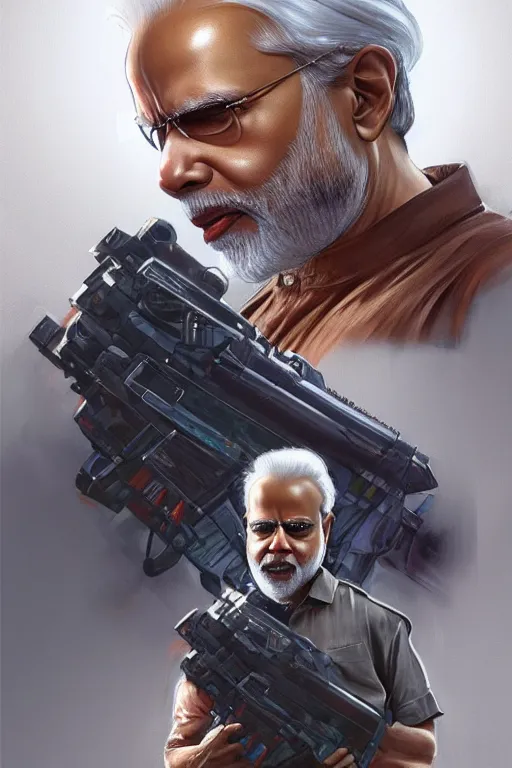 Image similar to Narendra Modi as Terminator, Narendra Modi hairstyle and beardstyle, full body realistic portrait, highly detailed, digital painting, artstation, concept art, smooth, sharp focus, illustration, cinematic lighting, art by artgerm and greg rutkowski and alphonse mucha