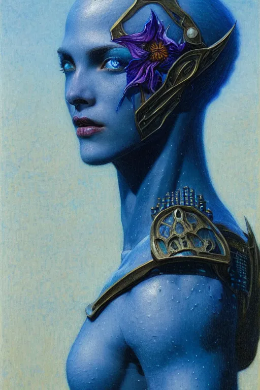 Image similar to portrait of beautiful young mainem, warhammer, russian style, cyber armor with scars, a lot of more scars, more and more flowers, blue head, the middle ages, highly detailed, artstation, illustration, art by jean delville, 8 k quality