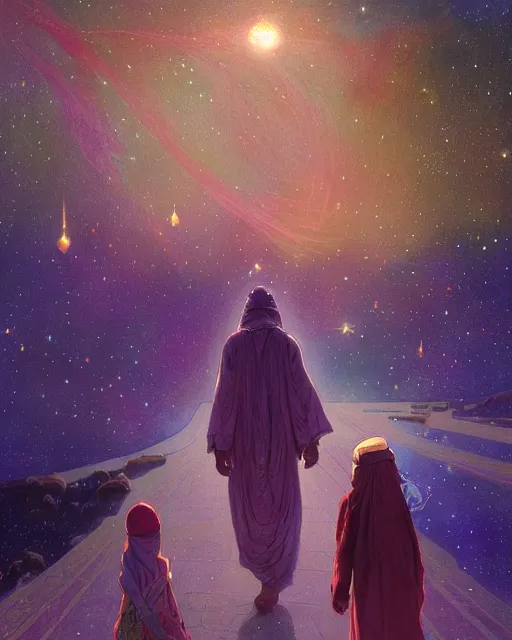 Image similar to bedouin man and woman and child in galaxy walking towards mosque surrounded by nebula, highly detailed, gold filigree, romantic storybook fantasy, soft cinematic lighting, award, disney concept art watercolor illustration by mandy jurgens and alphonse mucha and alena aenami, pastel color palette, featured on artstation